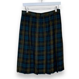 Vintage LL Bean Wool Blend Tartan Plaid Pleated Skirt Women Size 12 Blue Black